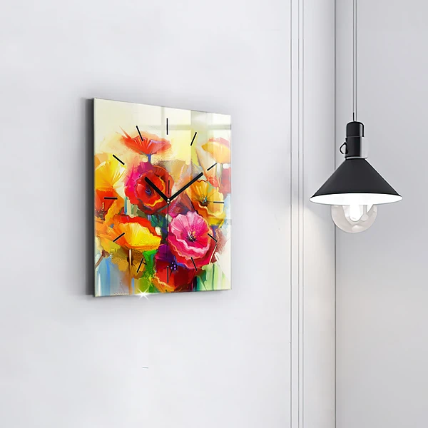 Wanduhr modern quadratisch Bunte Mohnblumen