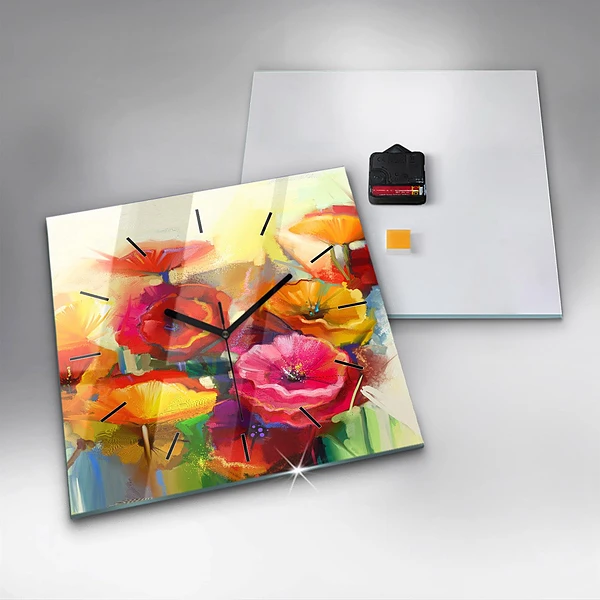 Wanduhr modern quadratisch Bunte Mohnblumen