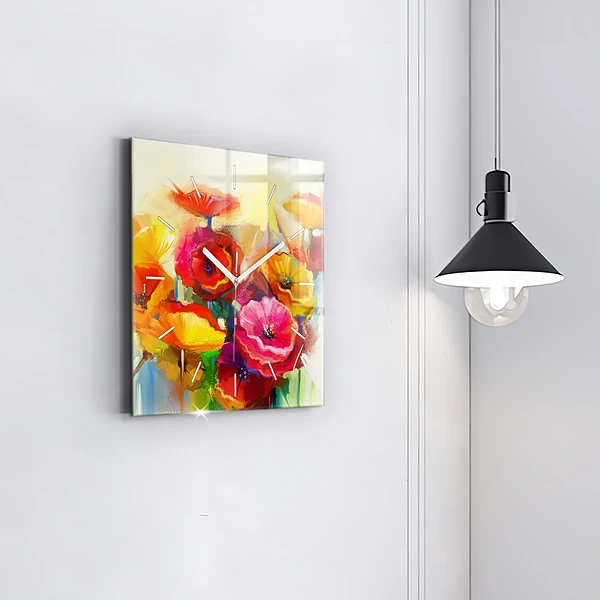 Wanduhr modern quadratisch Bunte Mohnblumen