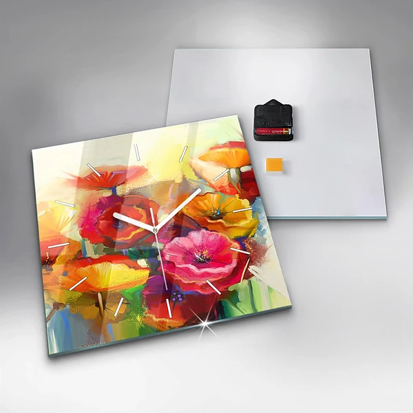 Wanduhr modern quadratisch Bunte Mohnblumen