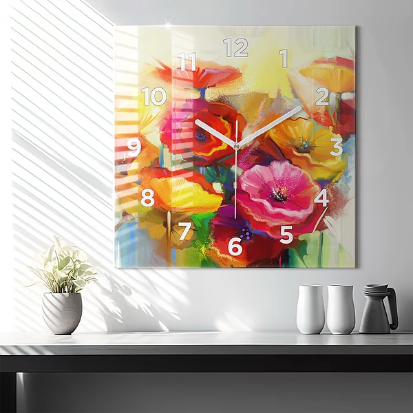 Wanduhr modern quadratisch Bunte Mohnblumen