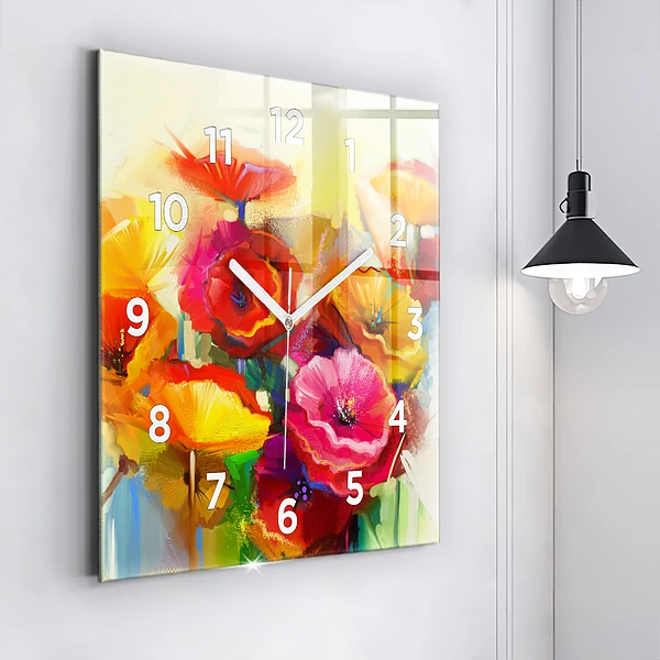 Wanduhr modern quadratisch Bunte Mohnblumen