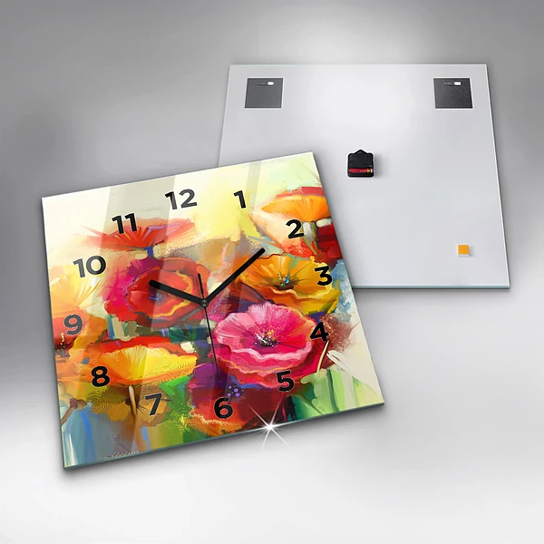 Wanduhr modern quadratisch Bunte Mohnblumen