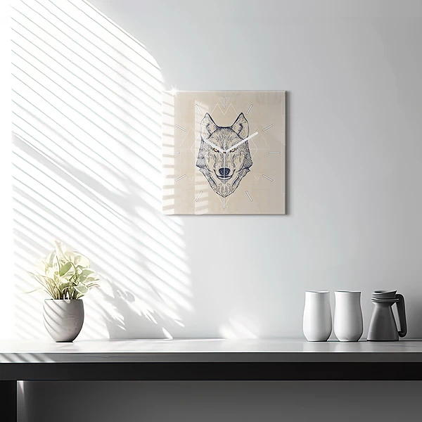 Wanduhr quadratisch mit motiv Wolfskopf