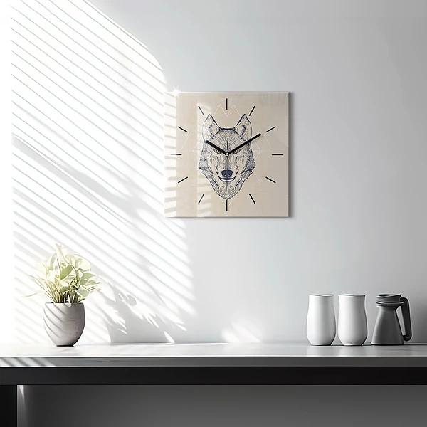 Wanduhr quadratisch mit motiv Wolfskopf