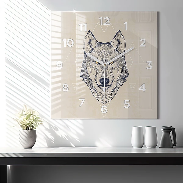 Wanduhr quadratisch mit motiv Wolfskopf