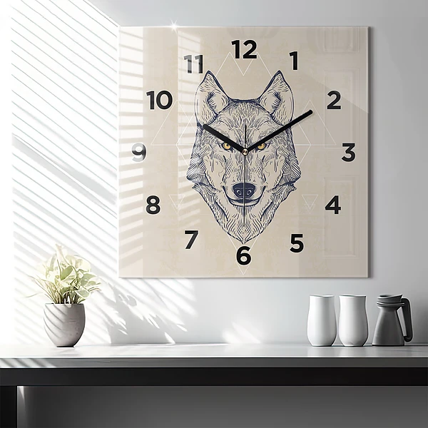 Wanduhr quadratisch mit motiv Wolfskopf
