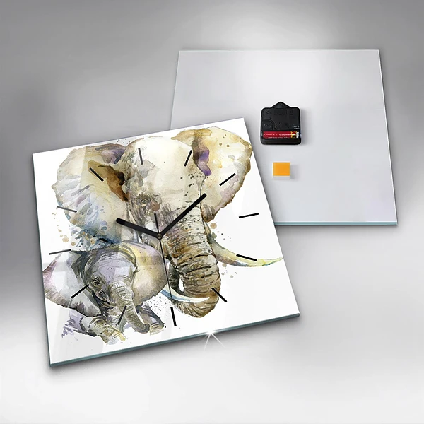 Wanduhr quadratisch mit motiv Gemalte Tiere Elefant
