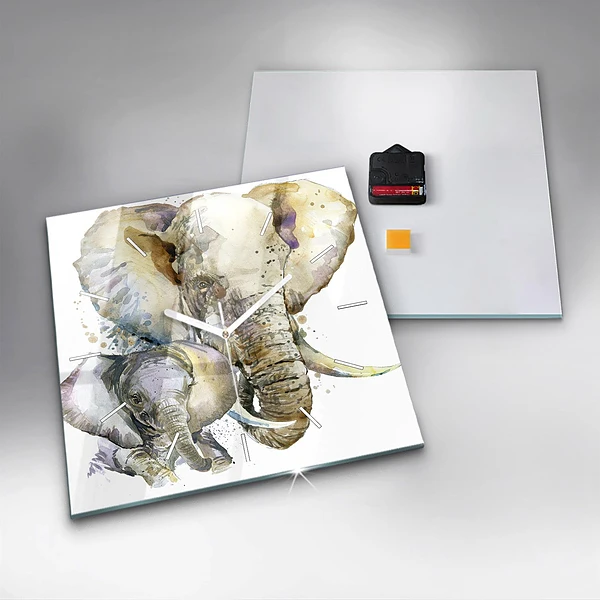 Wanduhr quadratisch mit motiv Gemalte Tiere Elefant
