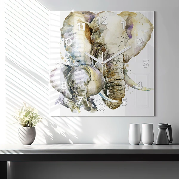 Wanduhr quadratisch mit motiv Gemalte Tiere Elefant