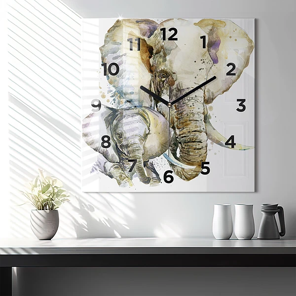 Wanduhr quadratisch mit motiv Gemalte Tiere Elefant
