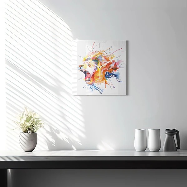 Wanduhr modern quadratisch Löwe - Aquarell