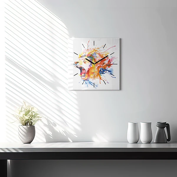 Wanduhr modern quadratisch Löwe - Aquarell
