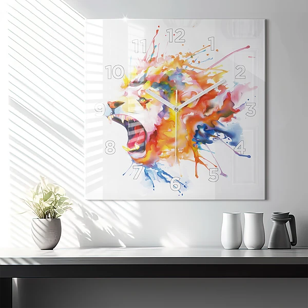 Wanduhr modern quadratisch Löwe - Aquarell