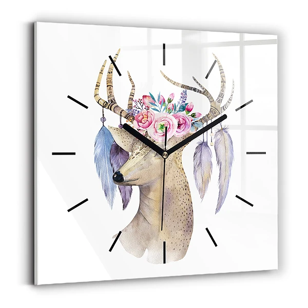 Wanduhr quadratisch mit motiv Hirschkopf und Blumen