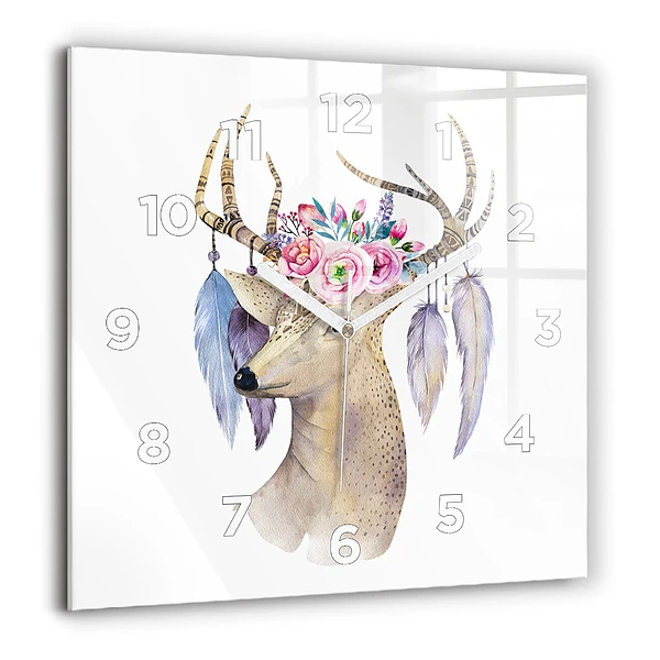 Wanduhr quadratisch mit motiv Hirschkopf und Blumen