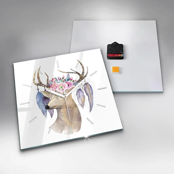 Wanduhr quadratisch mit motiv Hirschkopf und Blumen
