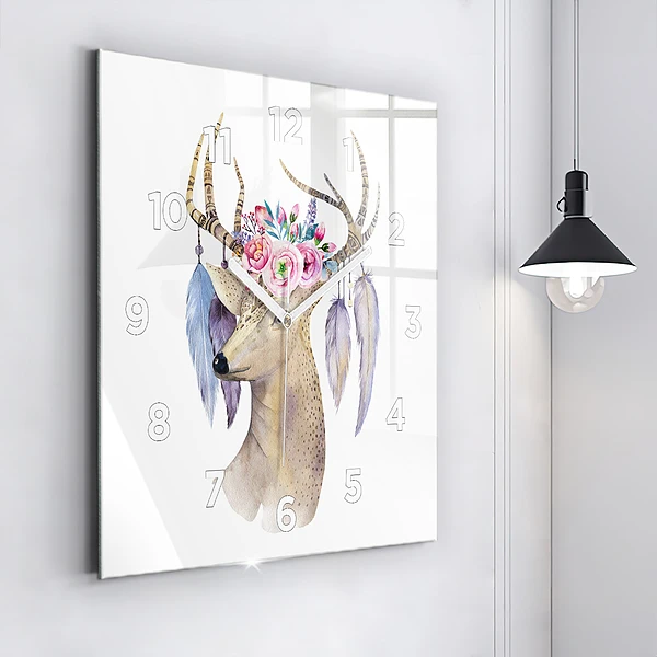 Wanduhr quadratisch mit motiv Hirschkopf und Blumen