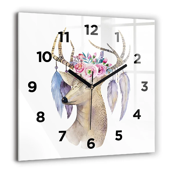 Wanduhr quadratisch mit motiv Hirschkopf und Blumen