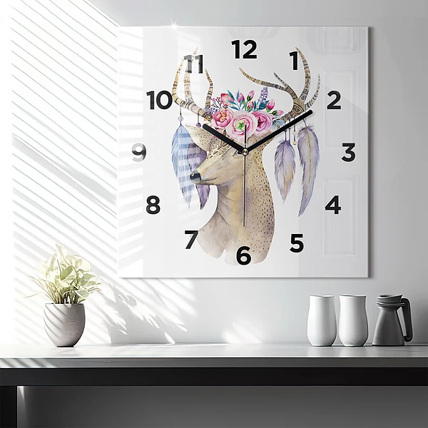 Wanduhr quadratisch mit motiv Hirschkopf und Blumen