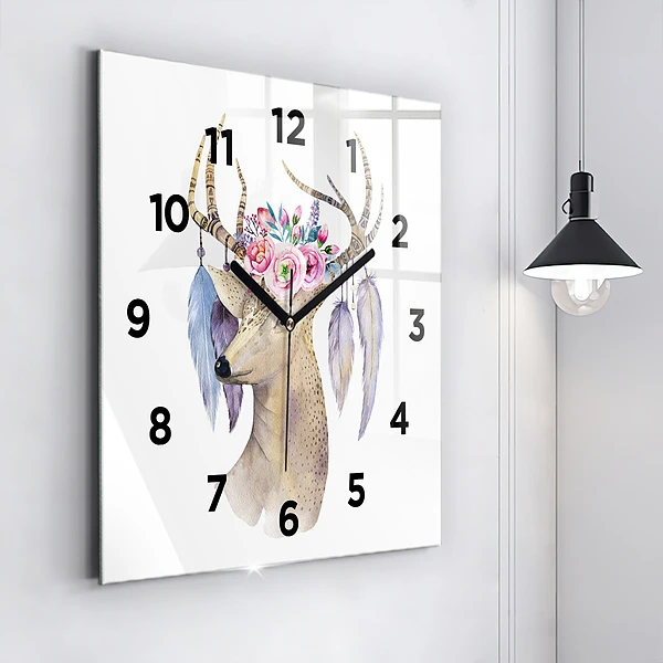 Wanduhr quadratisch mit motiv Hirschkopf und Blumen