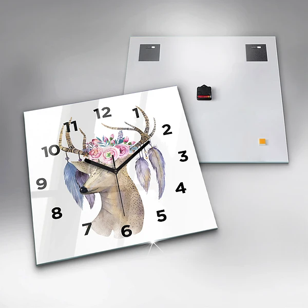 Wanduhr quadratisch mit motiv Hirschkopf und Blumen