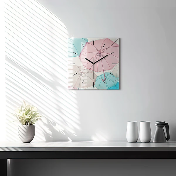 Wanduhr quadratisch Pastell Regenschirme