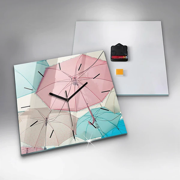 Wanduhr quadratisch Pastell Regenschirme