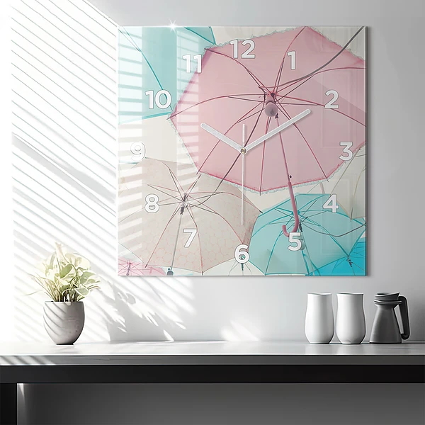 Wanduhr quadratisch Pastell Regenschirme