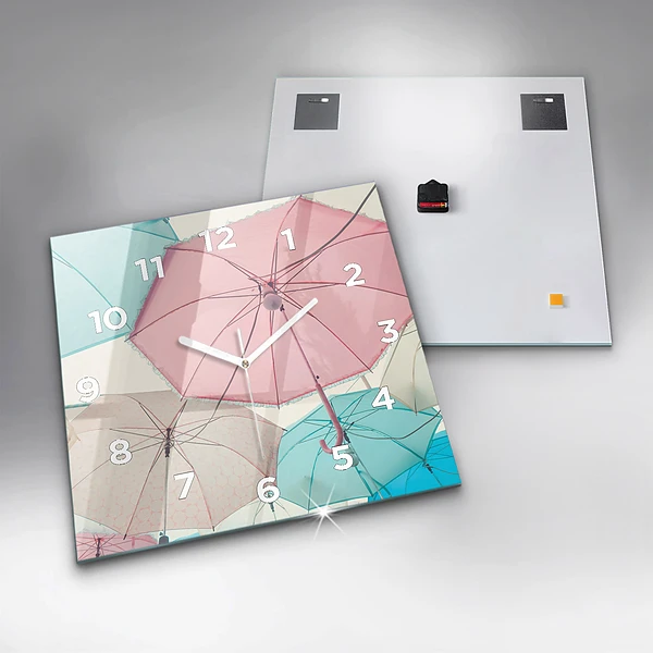 Wanduhr quadratisch Pastell Regenschirme