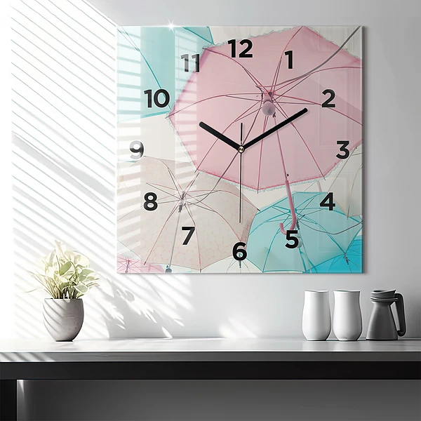 Wanduhr quadratisch Pastell Regenschirme