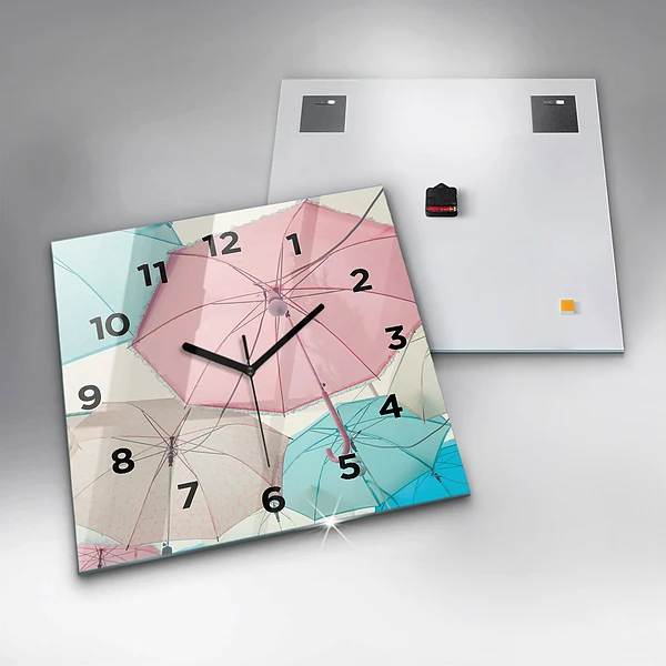 Wanduhr quadratisch Pastell Regenschirme