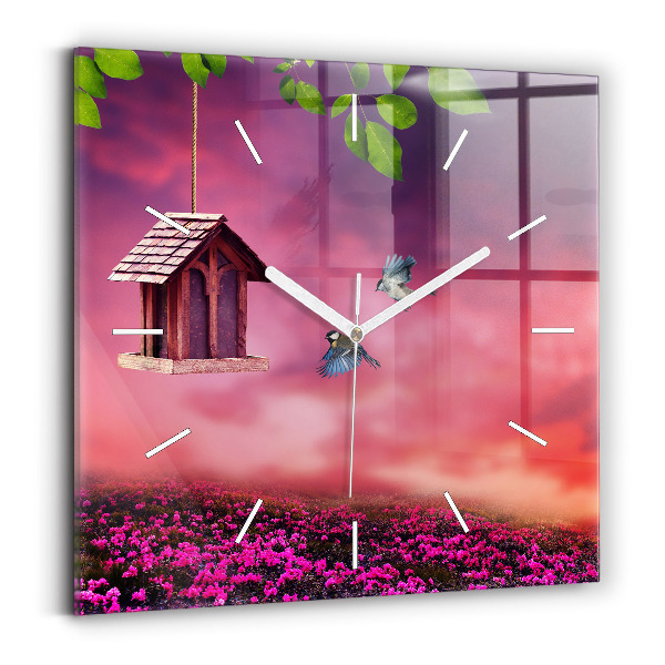 Wanduhr quadratisch mit motiv Vogelhaus
