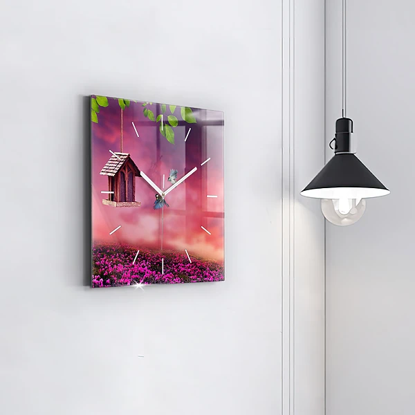 Wanduhr quadratisch mit motiv Vogelhaus