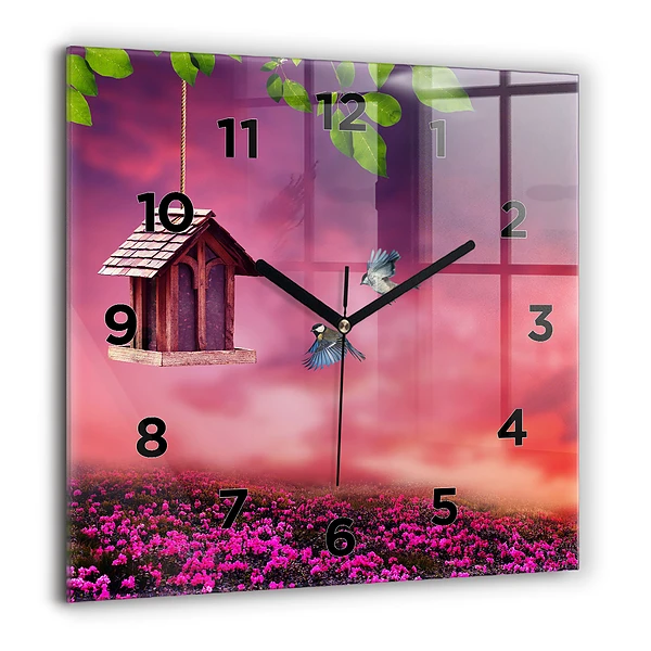 Wanduhr quadratisch mit motiv Vogelhaus