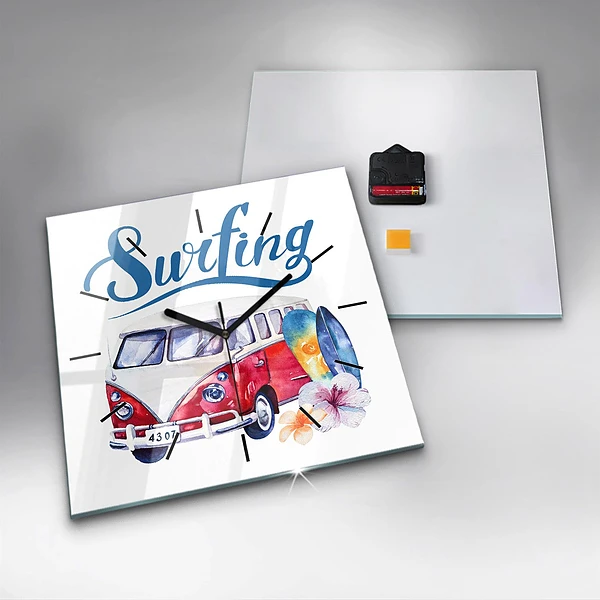 Wanduhr quadratisch mit motiv Auto und Schild Surfen