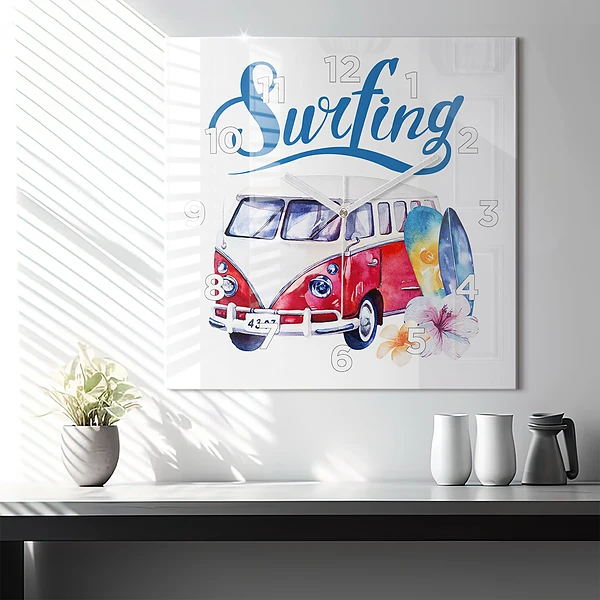 Wanduhr quadratisch mit motiv Auto und Schild Surfen