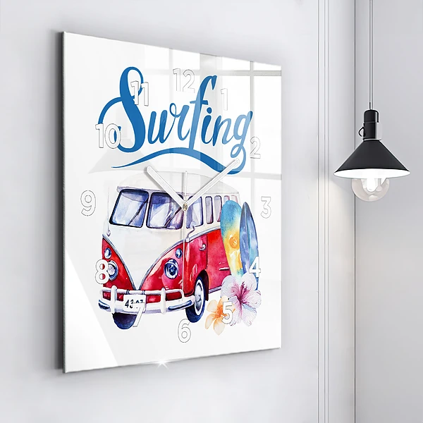 Wanduhr quadratisch mit motiv Auto und Schild Surfen
