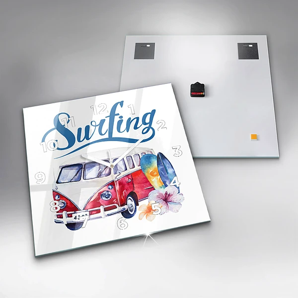 Wanduhr quadratisch mit motiv Auto und Schild Surfen