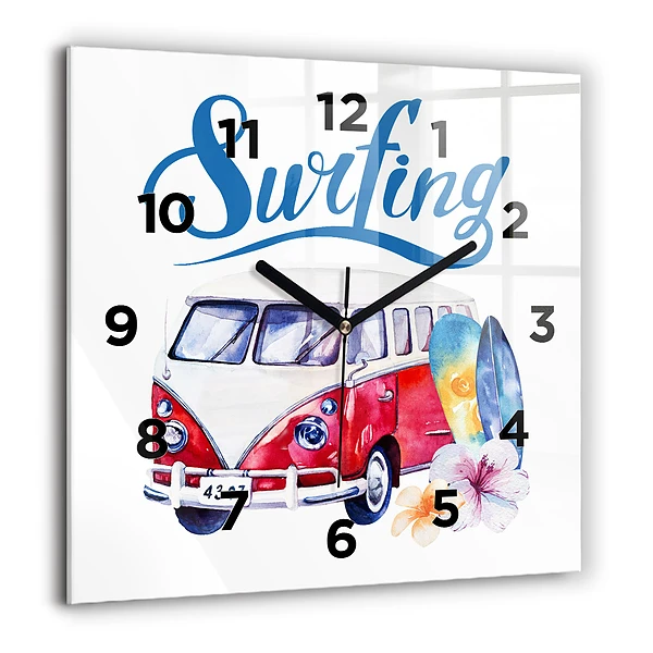 Wanduhr quadratisch mit motiv Auto und Schild Surfen