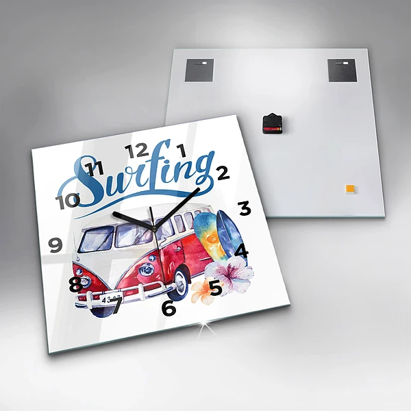 Wanduhr quadratisch mit motiv Auto und Schild Surfen