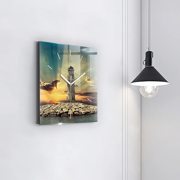 Wanduhr quadratisch Leuchtturm am Meer