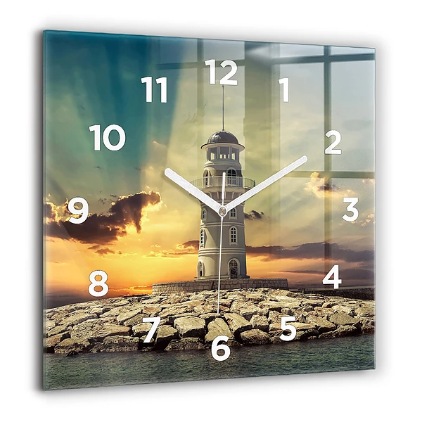 Wanduhr quadratisch Leuchtturm am Meer