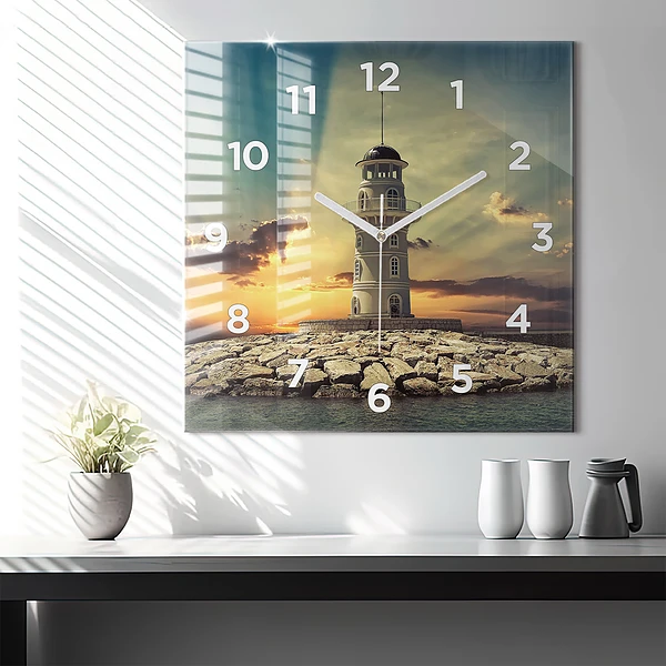 Wanduhr quadratisch Leuchtturm am Meer