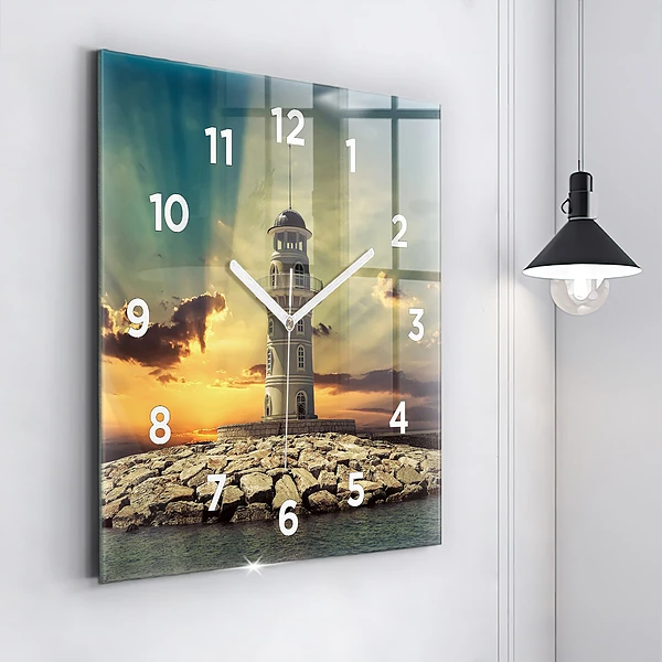 Wanduhr quadratisch Leuchtturm am Meer