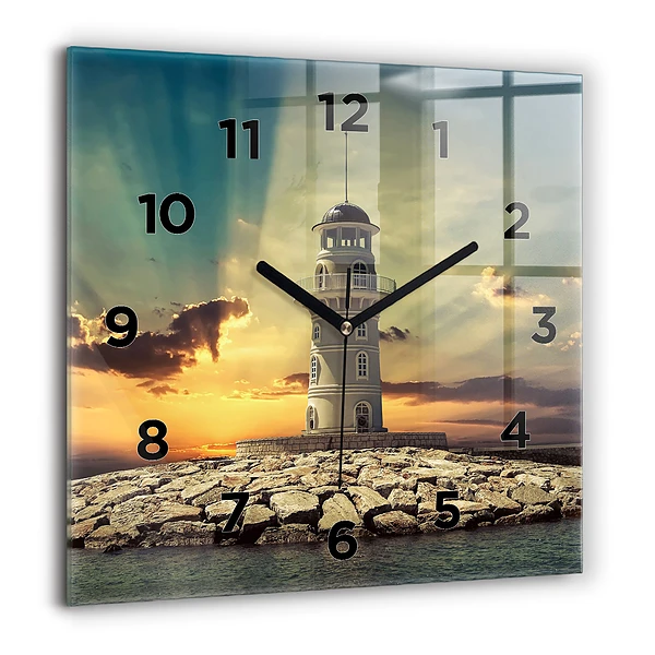 Wanduhr quadratisch Leuchtturm am Meer