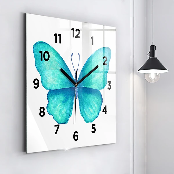 Wanduhr modern quadratisch Türkisfarbener Sommerschmetterling