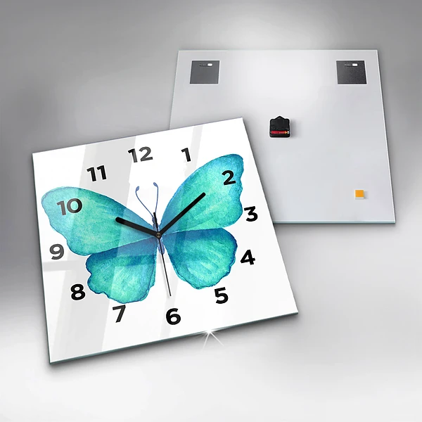 Wanduhr modern quadratisch Türkisfarbener Sommerschmetterling