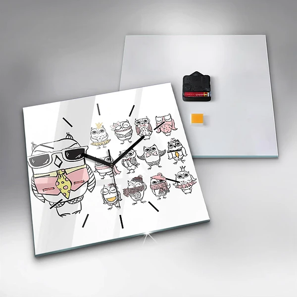 Wanduhr quadratisch mit motiv Vintage-Poster mit Eulen