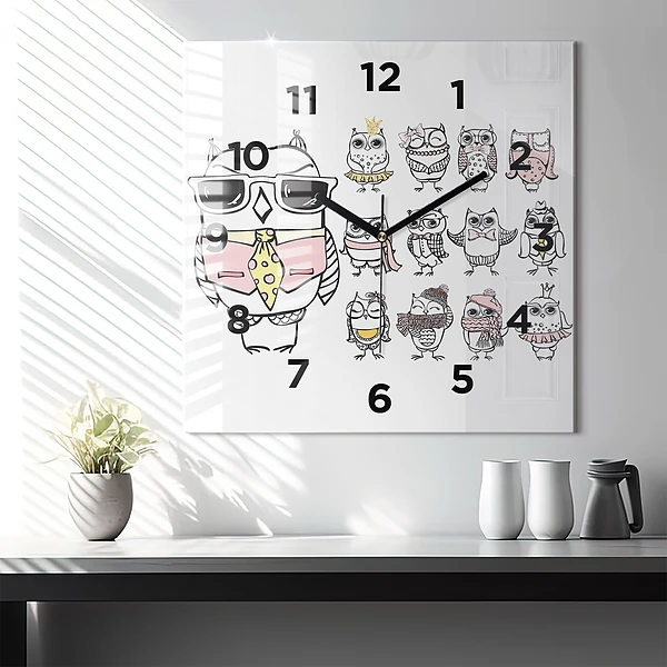 Wanduhr quadratisch mit motiv Vintage-Poster mit Eulen